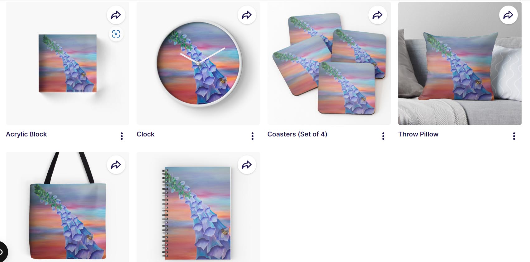foxglove on bags, notebooks and clocks